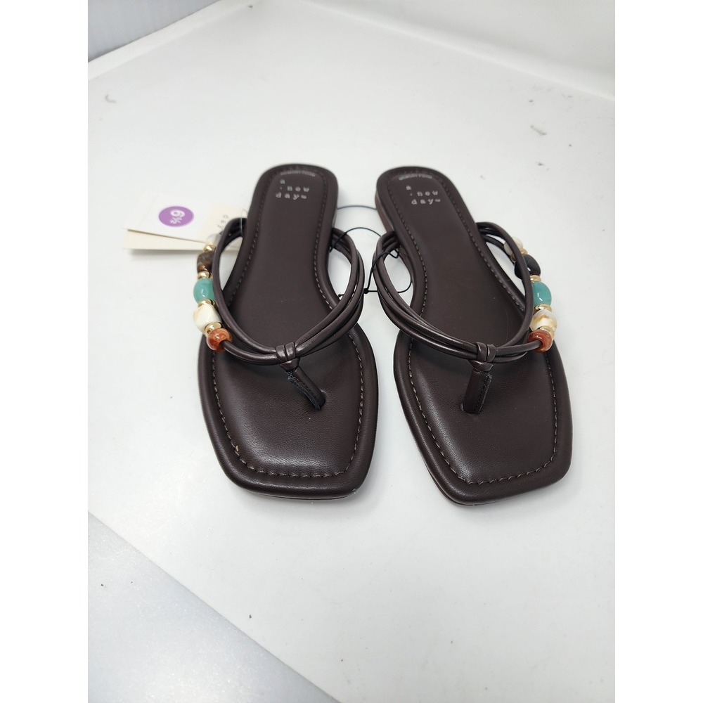 A New Day Womens Beaded Square Toe Thong Sandals Brown Faux Leather Size 6.5